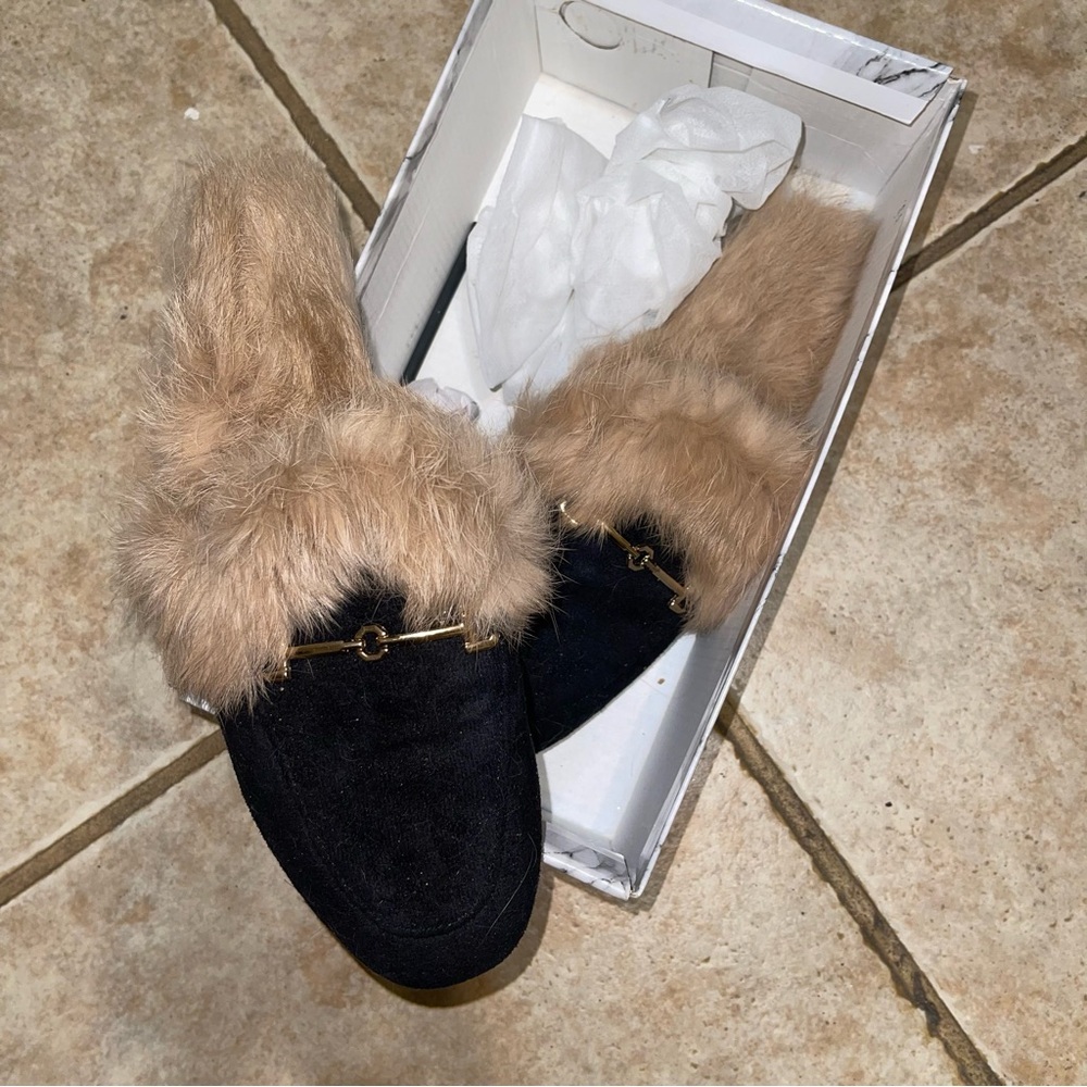 Black Faux Suede Fur-Lined Loafers with Gold Hardware